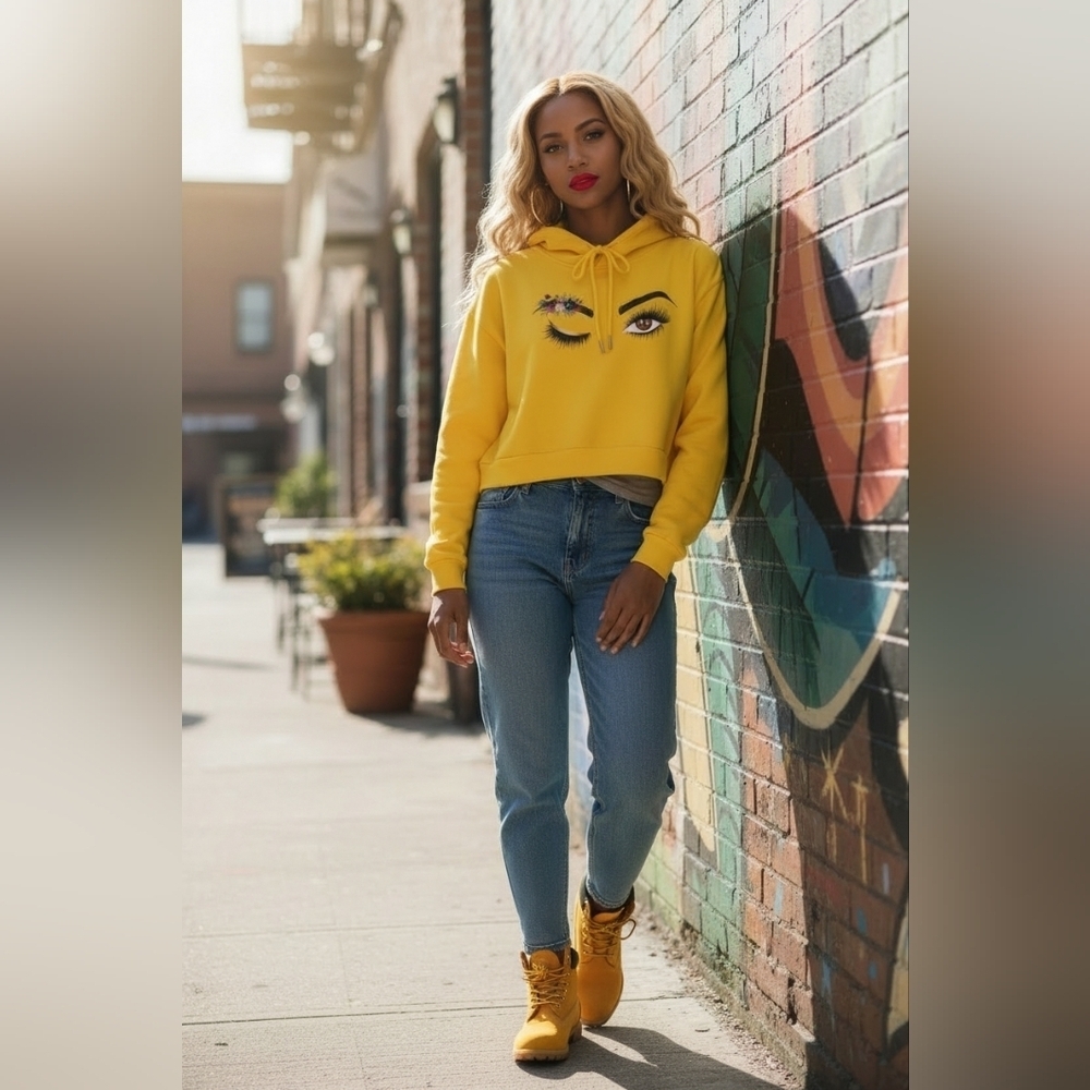 Vibrant Yellow With Wink Graphic Hoodie Size Large